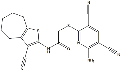2-(6-amino-3,5-dicyanopyridin-2-yl)sulfanyl-N-(3-cyano-5,6,7,8-tetrahydro-4H-cyclohepta[b]thiophen-2-yl)acetamide Structure