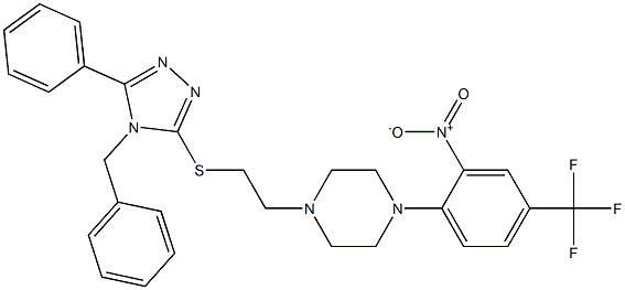 1-[2-[(4-benzyl-5-phenyl-1,2,4-triazol-3-yl)sulfanyl]ethyl]-4-[2-nitro-4-(trifluoromethyl)phenyl]piperazine 구조식 이미지