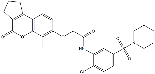 N-(2-chloro-5-piperidin-1-ylsulfonylphenyl)-2-[(6-methyl-4-oxo-2,3-dihydro-1H-cyclopenta[c]chromen-7-yl)oxy]acetamide 구조식 이미지