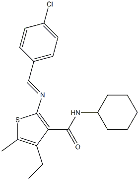 2-[(E)-(4-chlorophenyl)methylideneamino]-N-cyclohexyl-4-ethyl-5-methylthiophene-3-carboxamide 구조식 이미지