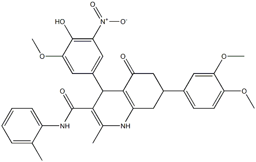 7-(3,4-dimethoxyphenyl)-4-(4-hydroxy-3-methoxy-5-nitrophenyl)-2-methyl-N-(2-methylphenyl)-5-oxo-4,6,7,8-tetrahydro-1H-quinoline-3-carboxamide Structure