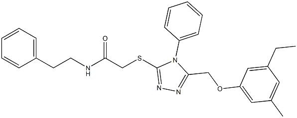 2-[[5-[(3-ethyl-5-methylphenoxy)methyl]-4-phenyl-1,2,4-triazol-3-yl]sulfanyl]-N-(2-phenylethyl)acetamide 구조식 이미지