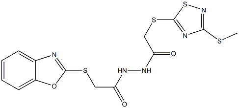 2-(1,3-benzoxazol-2-ylsulfanyl)-N'-[2-[(3-methylsulfanyl-1,2,4-thiadiazol-5-yl)sulfanyl]acetyl]acetohydrazide 구조식 이미지