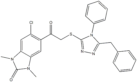 5-[2-[(5-benzyl-4-phenyl-1,2,4-triazol-3-yl)sulfanyl]acetyl]-6-chloro-1,3-dimethylbenzimidazol-2-one 구조식 이미지