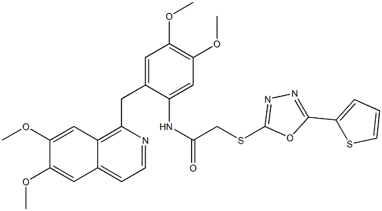 N-[2-[(6,7-dimethoxyisoquinolin-1-yl)methyl]-4,5-dimethoxyphenyl]-2-[(5-thiophen-2-yl-1,3,4-oxadiazol-2-yl)sulfanyl]acetamide 구조식 이미지