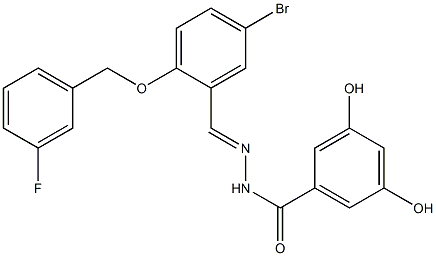 N-[(E)-[5-bromo-2-[(3-fluorophenyl)methoxy]phenyl]methylideneamino]-3,5-dihydroxybenzamide 구조식 이미지