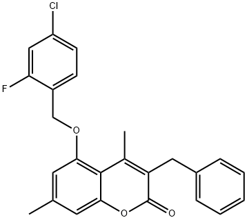 3-benzyl-5-[(4-chloro-2-fluorophenyl)methoxy]-4,7-dimethylchromen-2-one 구조식 이미지