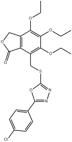 7-[[5-(4-chlorophenyl)-1,3,4-oxadiazol-2-yl]sulfanylmethyl]-4,5,6-triethoxy-3H-2-benzofuran-1-one Structure