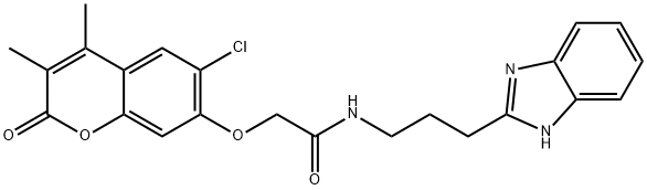 N-[3-(1H-benzimidazol-2-yl)propyl]-2-(6-chloro-3,4-dimethyl-2-oxochromen-7-yl)oxyacetamide 구조식 이미지