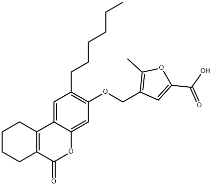 4-[(2-hexyl-6-oxo-7,8,9,10-tetrahydrobenzo[c]chromen-3-yl)oxymethyl]-5-methylfuran-2-carboxylic acid 구조식 이미지