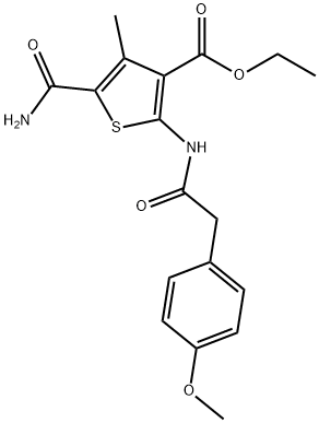 ethyl 5-carbamoyl-2-[[2-(4-methoxyphenyl)acetyl]amino]-4-methylthiophene-3-carboxylate 구조식 이미지