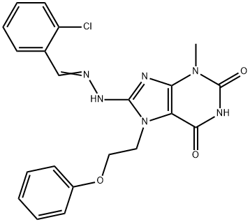 8-[(2E)-2-[(2-chlorophenyl)methylidene]hydrazinyl]-3-methyl-7-(2-phenoxyethyl)purine-2,6-dione 구조식 이미지