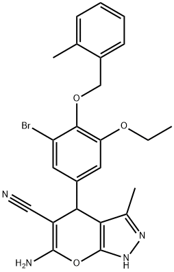 6-amino-4-[3-bromo-5-ethoxy-4-[(2-methylphenyl)methoxy]phenyl]-3-methyl-2,4-dihydropyrano[2,3-c]pyrazole-5-carbonitrile 구조식 이미지