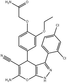 2-[4-[6-amino-5-cyano-3-(2,4-dichlorophenyl)-2,4-dihydropyrano[2,3-c]pyrazol-4-yl]-2-ethoxyphenoxy]acetamide Structure