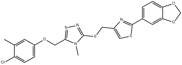 2-(1,3-benzodioxol-5-yl)-4-[[5-[(4-chloro-3-methylphenoxy)methyl]-4-methyl-1,2,4-triazol-3-yl]sulfanylmethyl]-1,3-thiazole 구조식 이미지