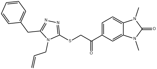 5-[2-[(5-benzyl-4-prop-2-enyl-1,2,4-triazol-3-yl)sulfanyl]acetyl]-1,3-dimethylbenzimidazol-2-one 구조식 이미지