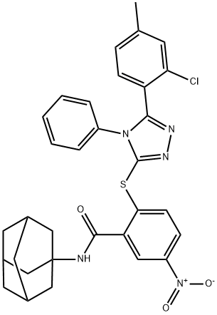 N-(1-adamantyl)-2-[[5-(2-chloro-4-methylphenyl)-4-phenyl-1,2,4-triazol-3-yl]sulfanyl]-5-nitrobenzamide 구조식 이미지