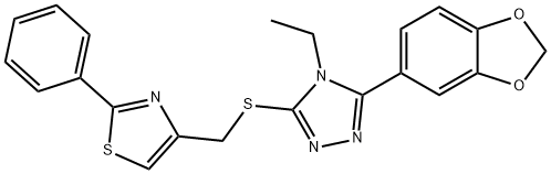 4-[[5-(1,3-benzodioxol-5-yl)-4-ethyl-1,2,4-triazol-3-yl]sulfanylmethyl]-2-phenyl-1,3-thiazole 구조식 이미지