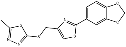 2-[[2-(1,3-benzodioxol-5-yl)-1,3-thiazol-4-yl]methylsulfanyl]-5-methyl-1,3,4-thiadiazole 구조식 이미지