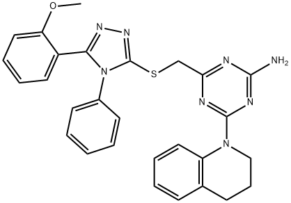 4-(3,4-dihydro-2H-quinolin-1-yl)-6-[[5-(2-methoxyphenyl)-4-phenyl-1,2,4-triazol-3-yl]sulfanylmethyl]-1,3,5-triazin-2-amine 구조식 이미지