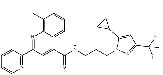 N-[3-[5-cyclopropyl-3-(trifluoromethyl)pyrazol-1-yl]propyl]-7,8-dimethyl-2-pyridin-2-ylquinoline-4-carboxamide 구조식 이미지