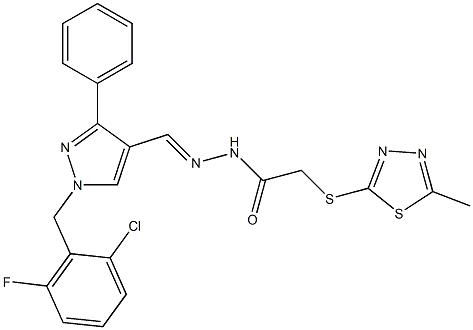 N-[(E)-[1-[(2-chloro-6-fluorophenyl)methyl]-3-phenylpyrazol-4-yl]methylideneamino]-2-[(5-methyl-1,3,4-thiadiazol-2-yl)sulfanyl]acetamide 구조식 이미지