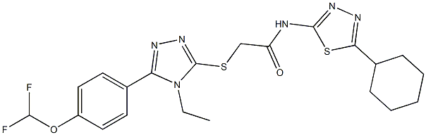 N-(5-cyclohexyl-1,3,4-thiadiazol-2-yl)-2-[[5-[4-(difluoromethoxy)phenyl]-4-ethyl-1,2,4-triazol-3-yl]sulfanyl]acetamide 구조식 이미지