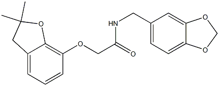 N-(1,3-benzodioxol-5-ylmethyl)-2-[(2,2-dimethyl-3H-1-benzofuran-7-yl)oxy]acetamide 구조식 이미지