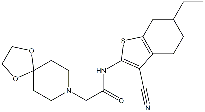 N-(3-cyano-6-ethyl-4,5,6,7-tetrahydro-1-benzothiophen-2-yl)-2-(1,4-dioxa-8-azaspiro[4.5]decan-8-yl)acetamide 구조식 이미지