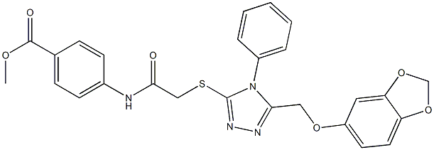 methyl 4-[[2-[[5-(1,3-benzodioxol-5-yloxymethyl)-4-phenyl-1,2,4-triazol-3-yl]sulfanyl]acetyl]amino]benzoate 구조식 이미지