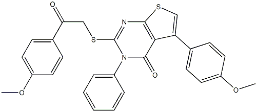 5-(4-methoxyphenyl)-2-[2-(4-methoxyphenyl)-2-oxoethyl]sulfanyl-3-phenylthieno[2,3-d]pyrimidin-4-one 구조식 이미지