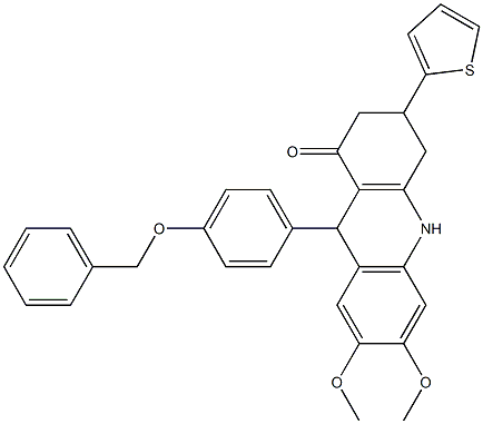 6,7-dimethoxy-9-(4-phenylmethoxyphenyl)-3-thiophen-2-yl-3,4,9,10-tetrahydro-2H-acridin-1-one Structure