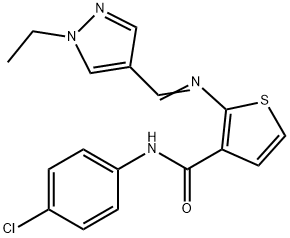 N-(4-chlorophenyl)-2-[(E)-(1-ethylpyrazol-4-yl)methylideneamino]thiophene-3-carboxamide 구조식 이미지