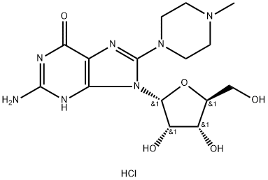 2-amino-9-[(2R,3S,4R,5S)-3,4-dihydroxy-5-(hydroxymethyl)oxolan-2-yl]-8-(4-methylpiperazin-4-ium-1-yl)-3H-purin-6-one chloride Structure