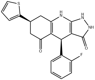 (4S,7S)-4-(2-fluorophenyl)-7-thiophen-2-yl-2,4,6,7,8,9-hexahydro-1H-pyrazolo[3,4-b]quinoline-3,5-dione 구조식 이미지