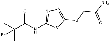 N-[5-(2-amino-2-oxoethyl)sulfanyl-1,3,4-thiadiazol-2-yl]-2-bromo-2-methylpropanamide 구조식 이미지