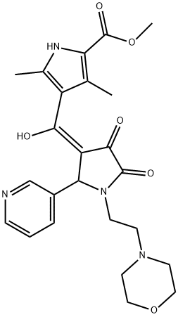 (E)-(5-methoxycarbonyl-2,4-dimethyl-1H-pyrrol-3-yl)-[1-(2-morpholin-4-ium-4-ylethyl)-4,5-dioxo-2-pyridin-3-ylpyrrolidin-3-ylidene]methanolate Structure