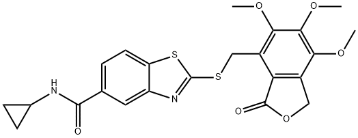 N-cyclopropyl-2-[(5,6,7-trimethoxy-3-oxo-1H-2-benzofuran-4-yl)methylsulfanyl]-1,3-benzothiazole-5-carboxamide 구조식 이미지