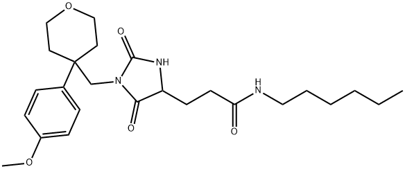 N-hexyl-3-[1-[[4-(4-methoxyphenyl)oxan-4-yl]methyl]-2,5-dioxoimidazolidin-4-yl]propanamide Structure