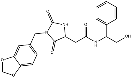 2-[1-(1,3-benzodioxol-5-ylmethyl)-2,5-dioxoimidazolidin-4-yl]-N-(2-hydroxy-1-phenylethyl)acetamide Structure