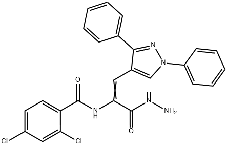 2,4-dichloro-N-[(E)-1-(1,3-diphenylpyrazol-4-yl)-3-hydrazinyl-3-oxoprop-1-en-2-yl]benzamide Structure