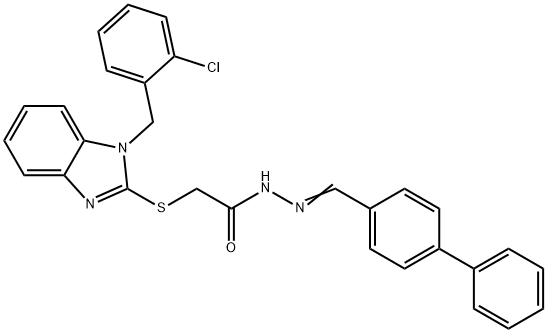 2-[1-[(2-chlorophenyl)methyl]benzimidazol-2-yl]sulfanyl-N-[(E)-(4-phenylphenyl)methylideneamino]acetamide Structure