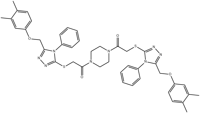 2-[[5-[(3,4-dimethylphenoxy)methyl]-4-phenyl-1,2,4-triazol-3-yl]sulfanyl]-1-[4-[2-[[5-[(3,4-dimethylphenoxy)methyl]-4-phenyl-1,2,4-triazol-3-yl]sulfanyl]acetyl]piperazin-1-yl]ethanone 구조식 이미지