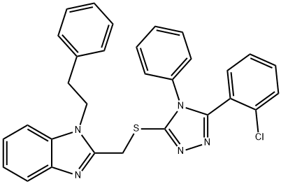 2-[[5-(2-chlorophenyl)-4-phenyl-1,2,4-triazol-3-yl]sulfanylmethyl]-1-(2-phenylethyl)benzimidazole 구조식 이미지