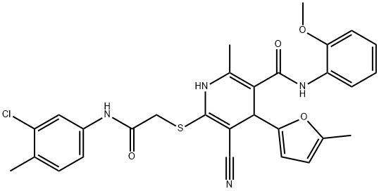 6-[2-(3-chloro-4-methylanilino)-2-oxoethyl]sulfanyl-5-cyano-N-(2-methoxyphenyl)-2-methyl-4-(5-methylfuran-2-yl)-1,4-dihydropyridine-3-carboxamide Structure