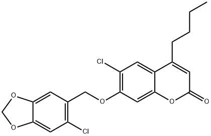 4-butyl-6-chloro-7-[(6-chloro-1,3-benzodioxol-5-yl)methoxy]chromen-2-one 구조식 이미지