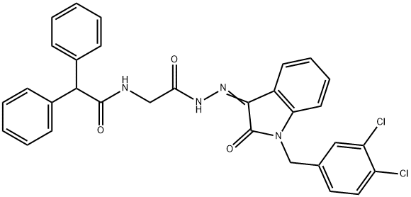 N-[2-[(2Z)-2-[1-[(3,4-dichlorophenyl)methyl]-2-oxoindol-3-ylidene]hydrazinyl]-2-oxoethyl]-2,2-diphenylacetamide 구조식 이미지