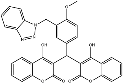 3-[[3-(benzotriazol-1-ylmethyl)-4-methoxyphenyl]-(4-hydroxy-2-oxochromen-3-yl)methyl]-4-hydroxychromen-2-one 구조식 이미지