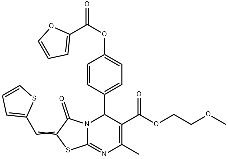 2-methoxyethyl (2E)-5-[4-(furan-2-carbonyloxy)phenyl]-7-methyl-3-oxo-2-(thiophen-2-ylmethylidene)-5H-[1,3]thiazolo[3,2-a]pyrimidine-6-carboxylate Structure