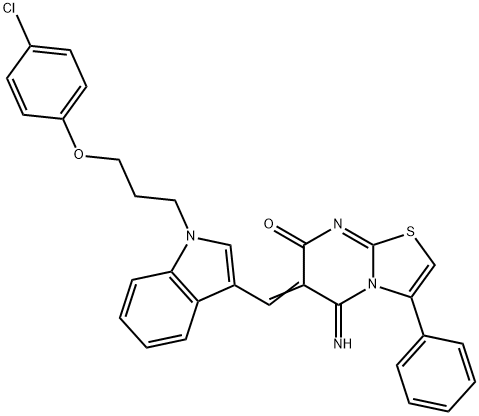 (6E)-6-[[1-[3-(4-chlorophenoxy)propyl]indol-3-yl]methylidene]-5-imino-3-phenyl-[1,3]thiazolo[3,2-a]pyrimidin-7-one Structure
